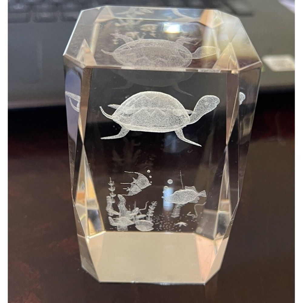 Paperweight Laser Etched Crystal Glass Turtle And Angel Fish 3D